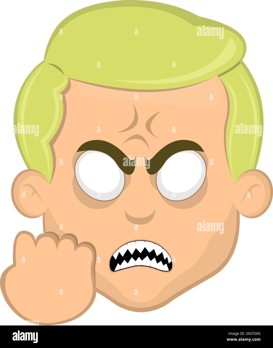 illustration vectorielle face homme dessin animé blonde avec les yeux blancs du concept d'expression en colère, des dents pointues et geste de vengeance de la main Illustration de Vecteur
