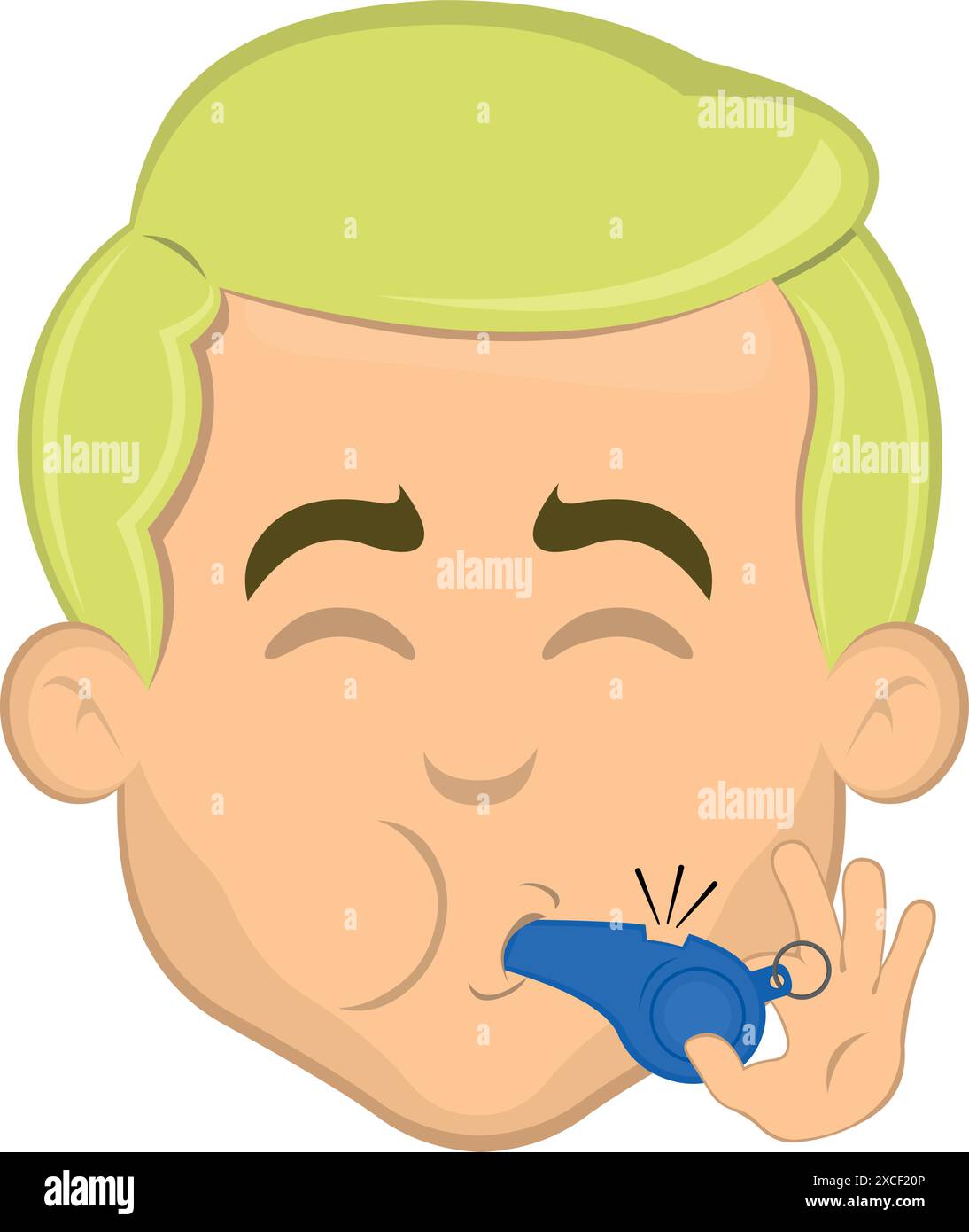 illustration vectorielle face à l'homme de dessin animé yeux blonds, avec sa bouche soufflant un sifflet Illustration de Vecteur