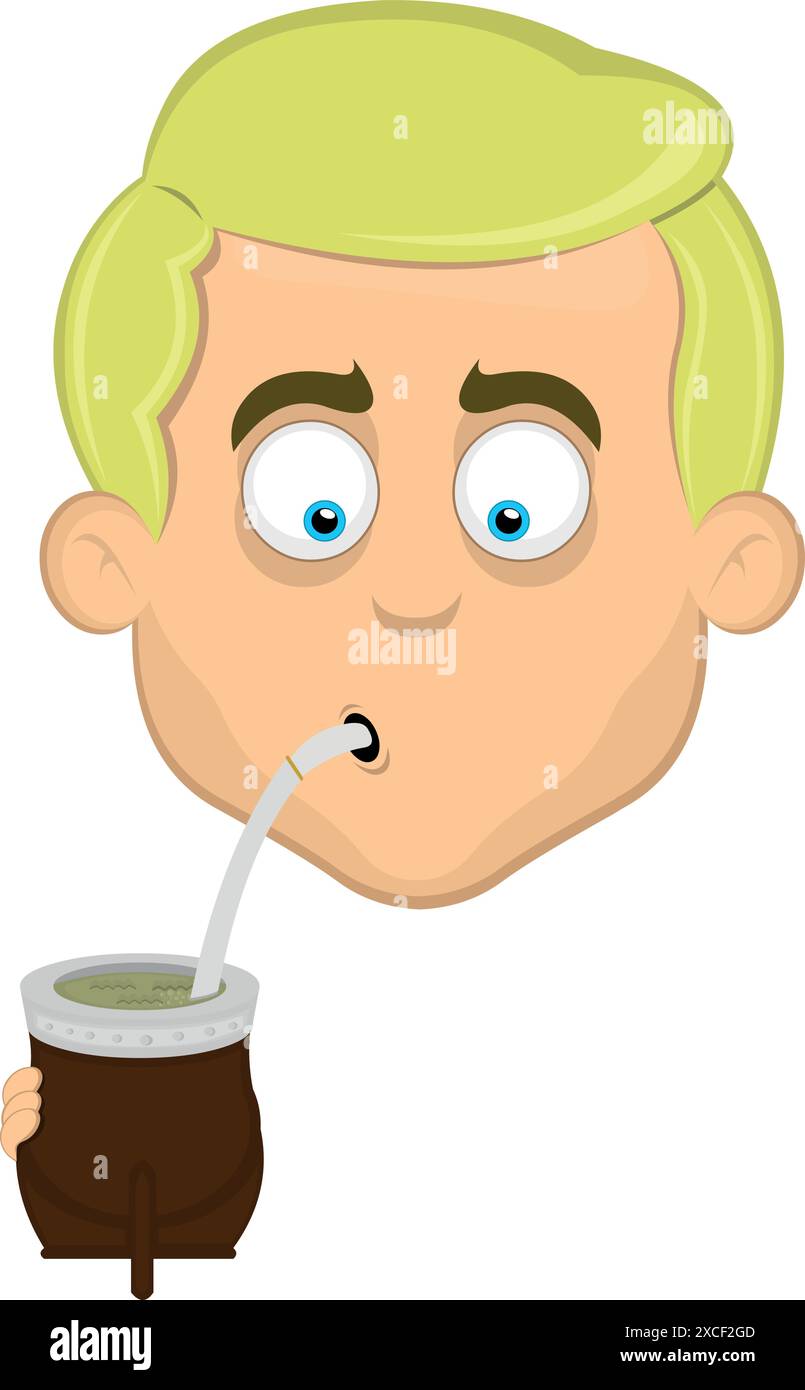 illustration vectorielle visage homme dessin animé yeux blonds, boire la boisson argentine classique ou infusion yerba mate Illustration de Vecteur