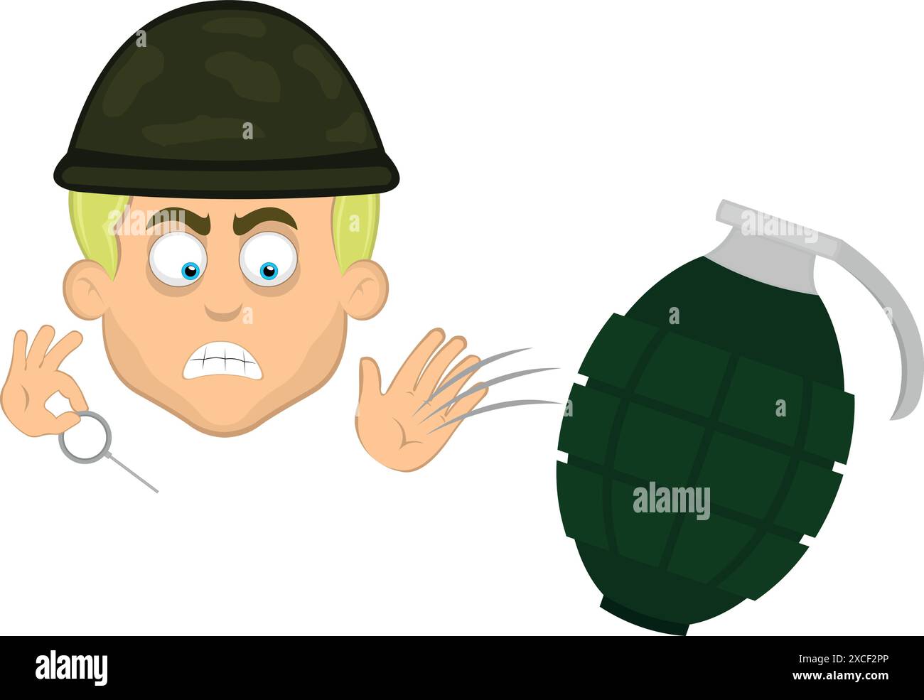 illustration vectorielle face à l'homme de dessin animé yeux blonds et bleus, jetant une grenade avec un soldat et casque de guerre Illustration de Vecteur