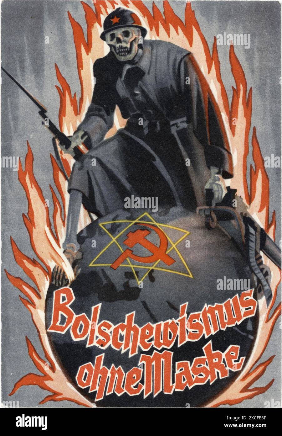 Une affiche de propagande anticommuniste nazie de 1937. Il montre un squelette habillé d'un uniforme de l'Armée rouge à cheval sur un globe flamboyant. Le texte se lit bolchevisme non masqué Banque D'Images