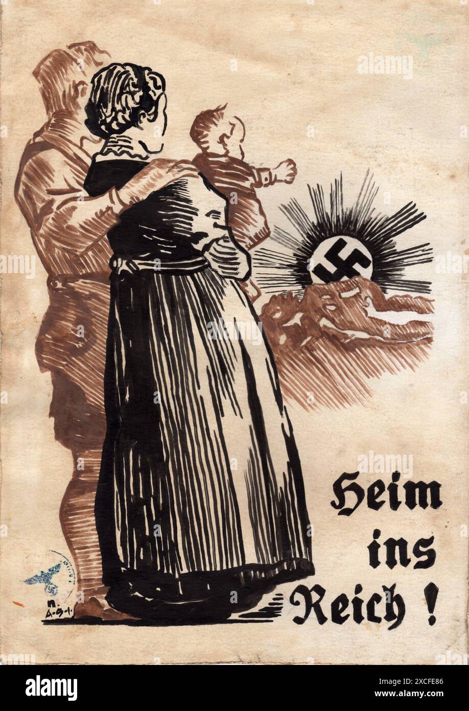 Une affiche de propagande de 1939 soutenant l'Accord d'option du Tyrol du Sud. Il s'agissait d'un accord avec l'Italie qui donnait aux Italiens germanophones de la région du Tyrol la possibilité d'émigrer en Allemagne ou de rester en Italie. Le texte se lit chez soi dans le Reich. Banque D'Images