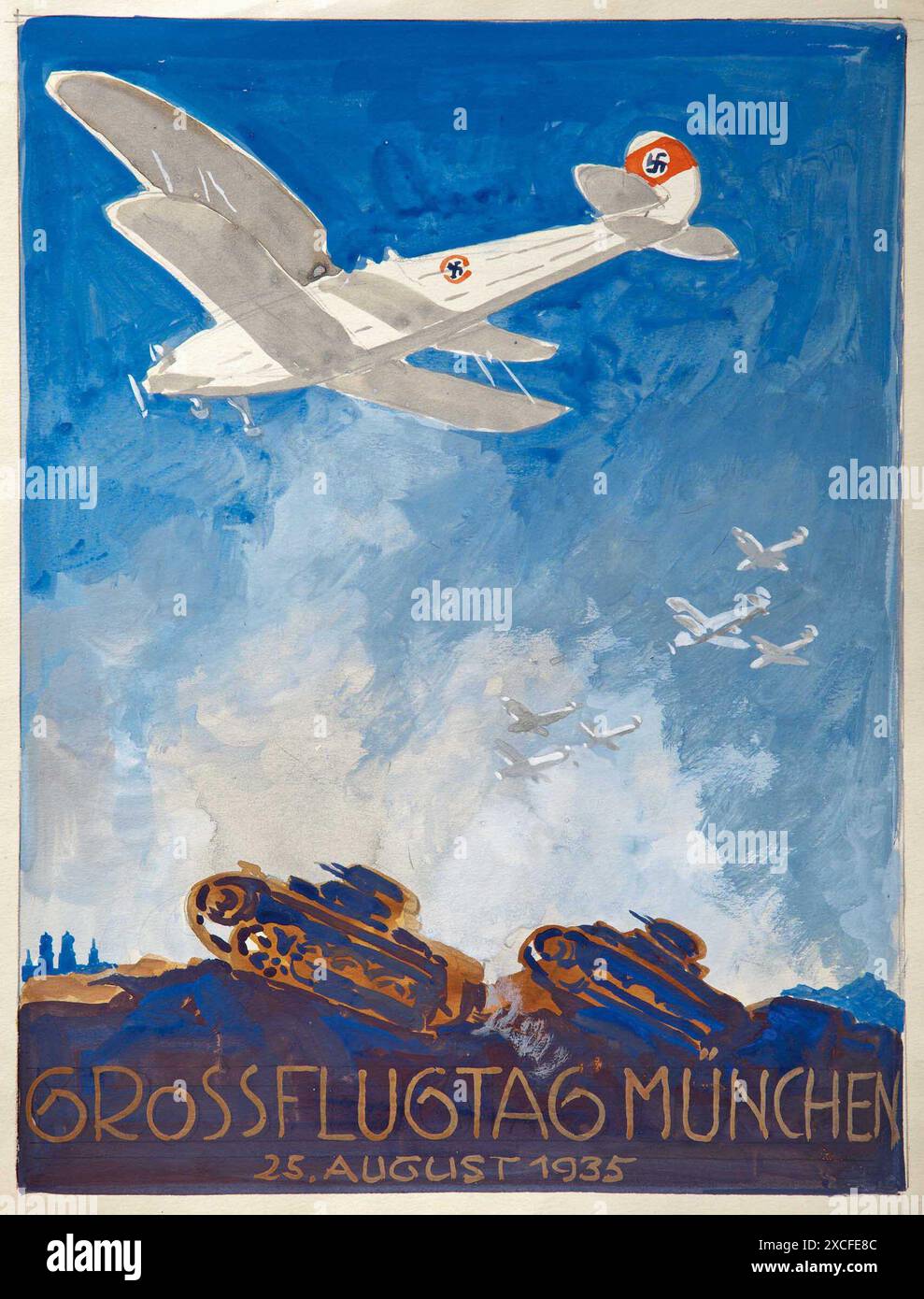 Une affiche vintage annonçant le salon de l'Air à Munich le 25 août 1935. Banque D'Images