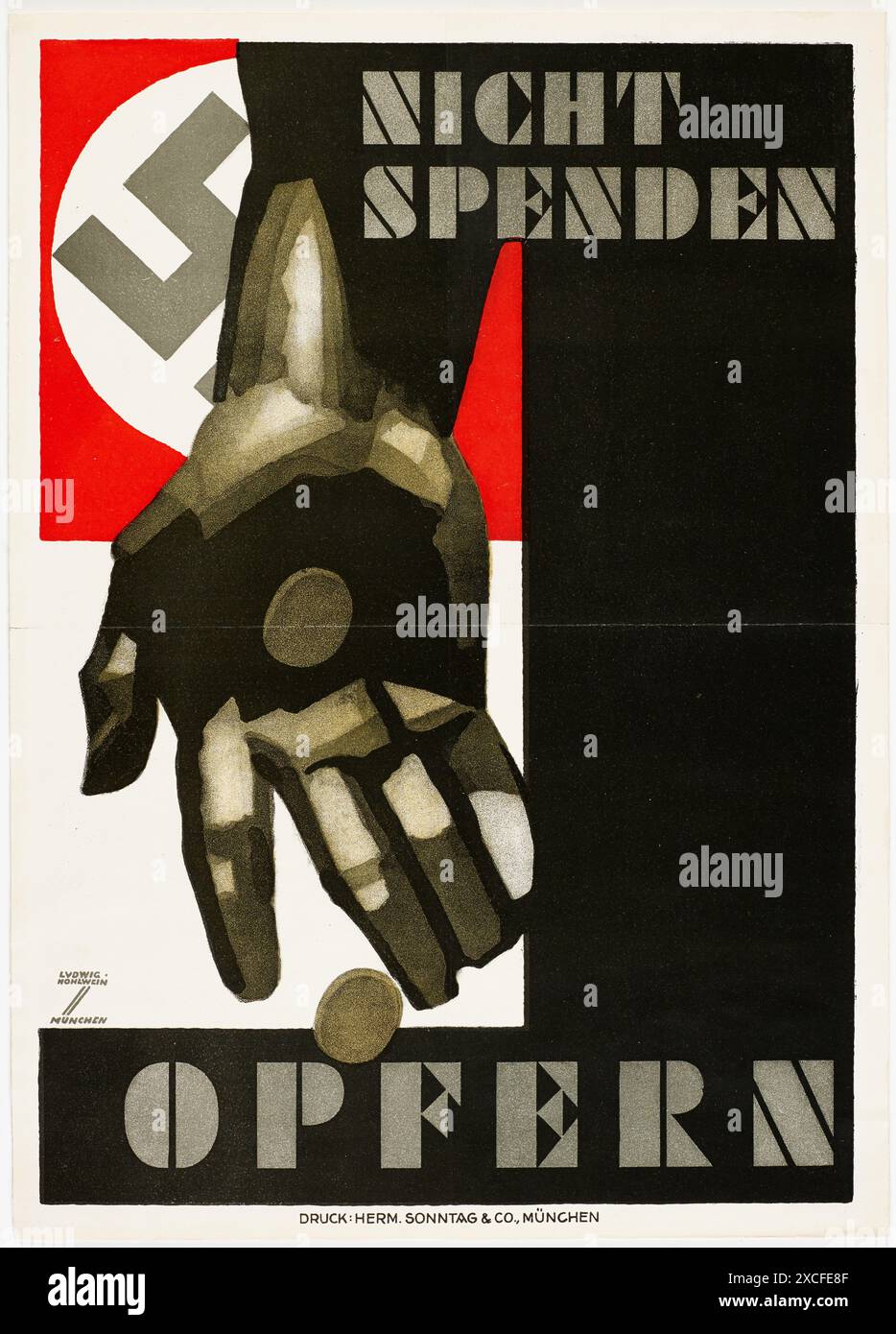 Une affiche nazie de 1934 faisant la promotion du Winterhilfswerk (secours d'hiver). La contribution à cet organisme de bienfaisance était nominalement volontaire, mais en réalité tout le monde était obligé de contribuer. Il a commencé comme un véritable effort pour aider pendant les années de dépression, mais est rapidement devenu une source majeure de revenus et a supplanté les institutions de protection sociale financées par l'impôt et libéré de l'argent pour le réarmement. Il a également un rôle de propagande puissant de solidarité du peuple. Le texte dit ne pas dépenser - sacrifier. Banque D'Images