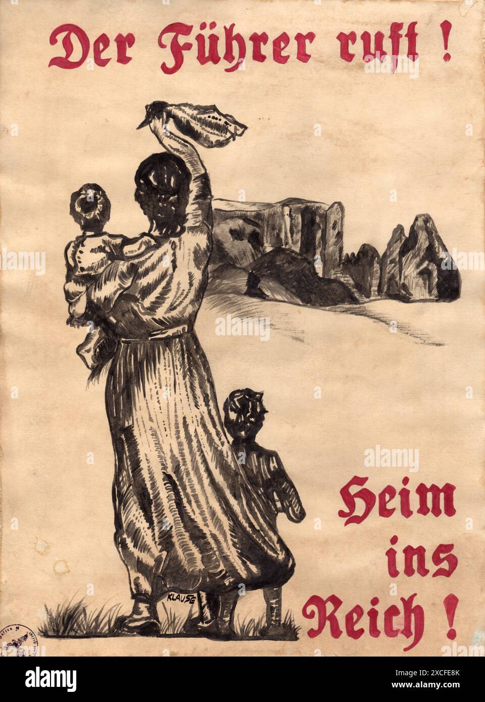 Une affiche de propagande de 1939 soutenant l'Accord d'option du Tyrol du Sud. Il s'agissait d'un accord avec l'Italie qui donnait aux Italiens germanophones de la région du Tyrol la possibilité d'émigrer en Allemagne ou de rester en Italie. Le texte lit les appels Führer - maison dans le Reich. Banque D'Images