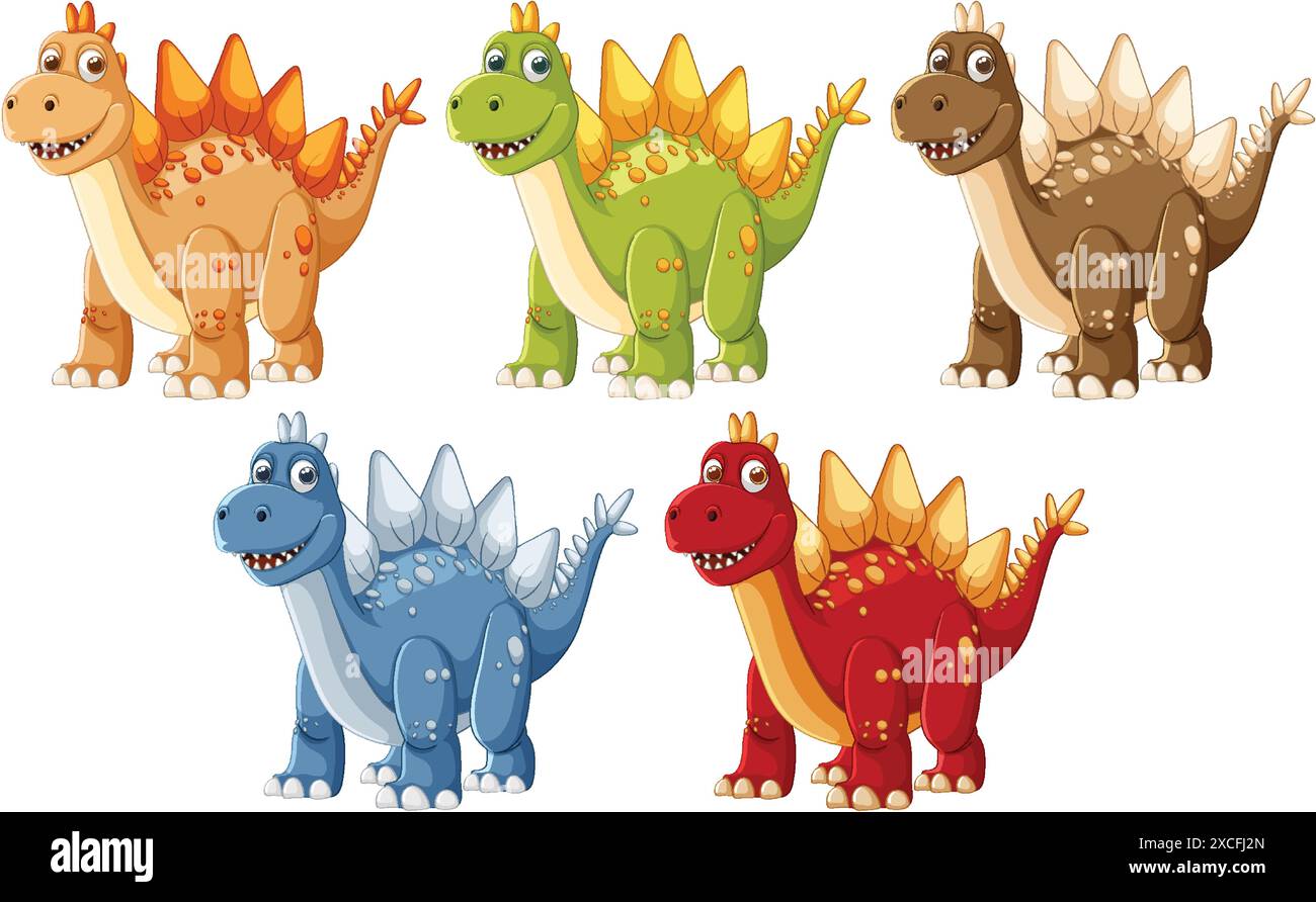 Cinq dinosaures de dessins animés mignons et colorés dans diverses poses Illustration de Vecteur