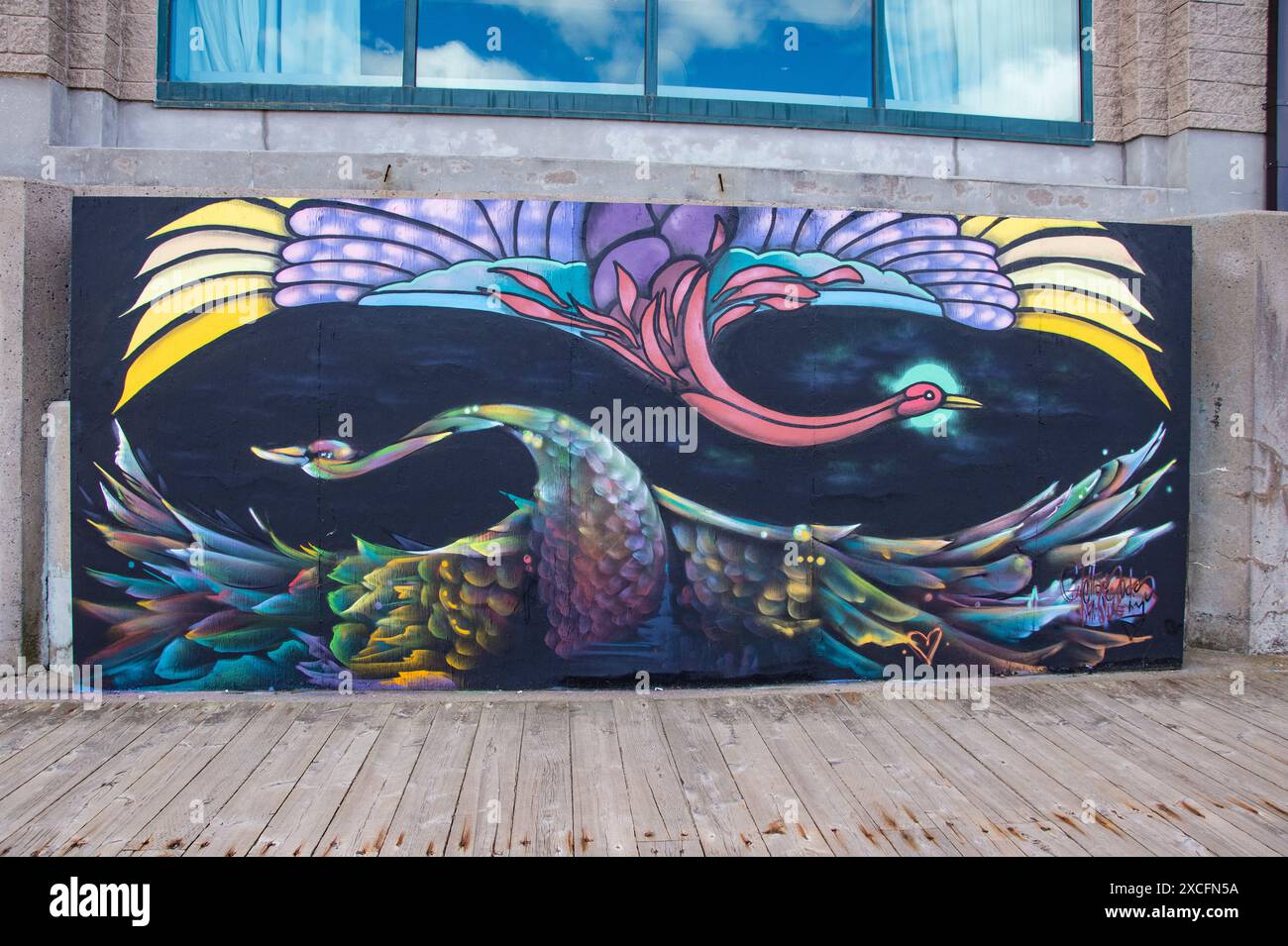 Fresque colorée volante d'oiseaux sur la promenade du front de mer à Halifax, Nouvelle-Écosse, Canada Banque D'Images