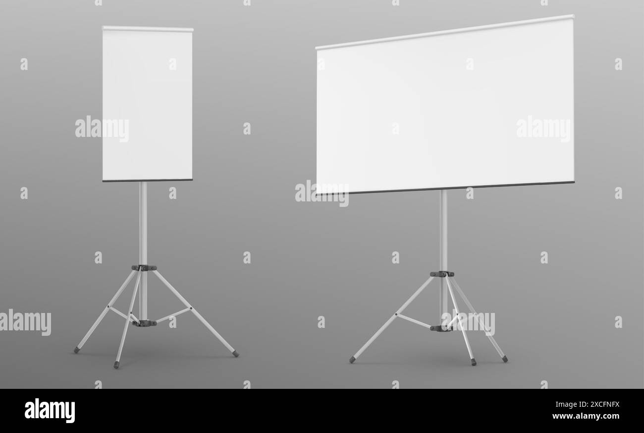 Ensemble de tableaux blancs sur trépied est isolé sur fond. Illustration réaliste vectorielle de chevalet avec feuille rectangulaire vierge pour la présentation d'affaires, maquette blanche de tableau à feuilles mobiles, toile de projecteur Illustration de Vecteur