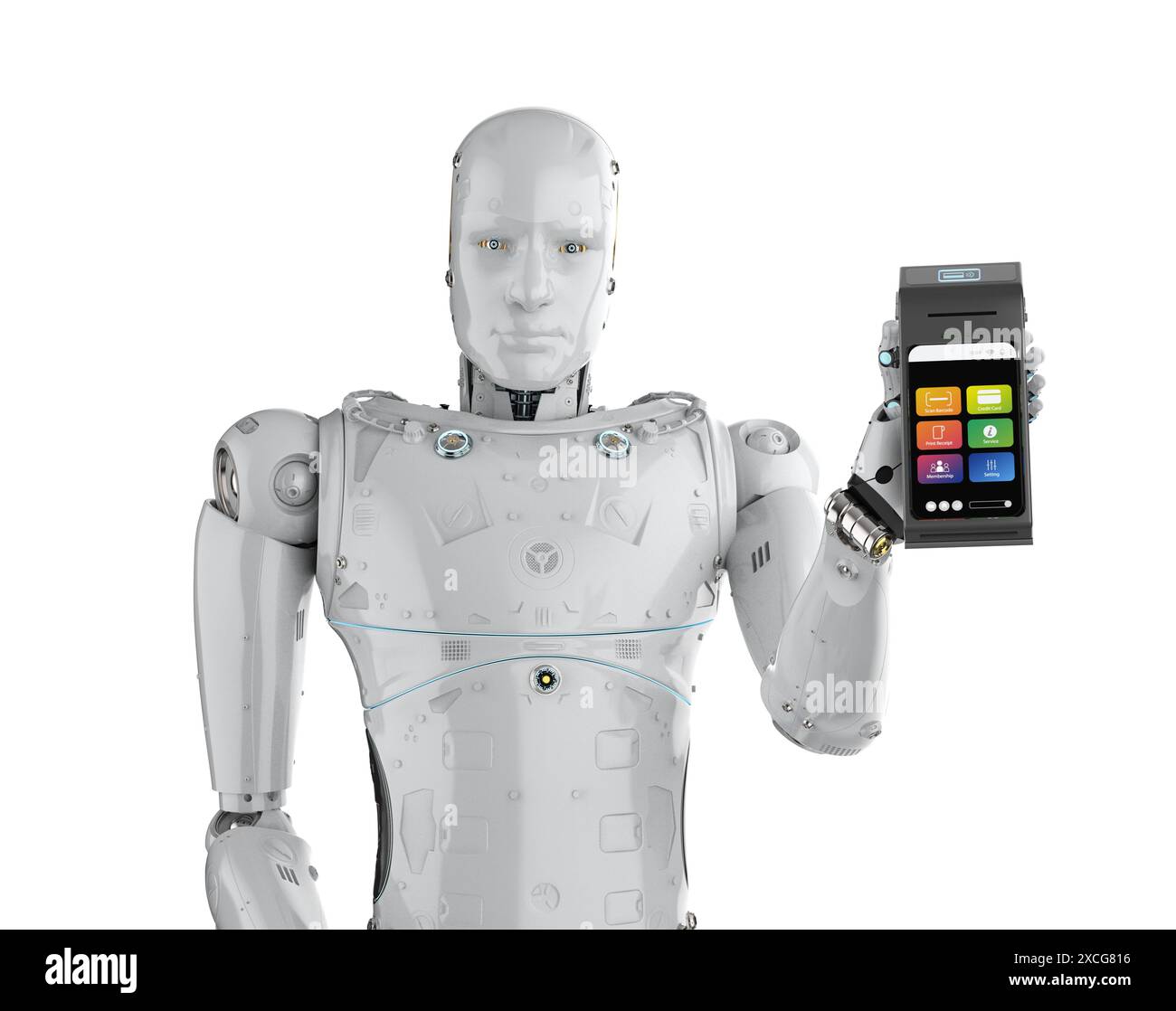 Concept de paiement sans espèces avec main robot de rendu 3D tenant le lecteur de carte de crédit isolé Banque D'Images