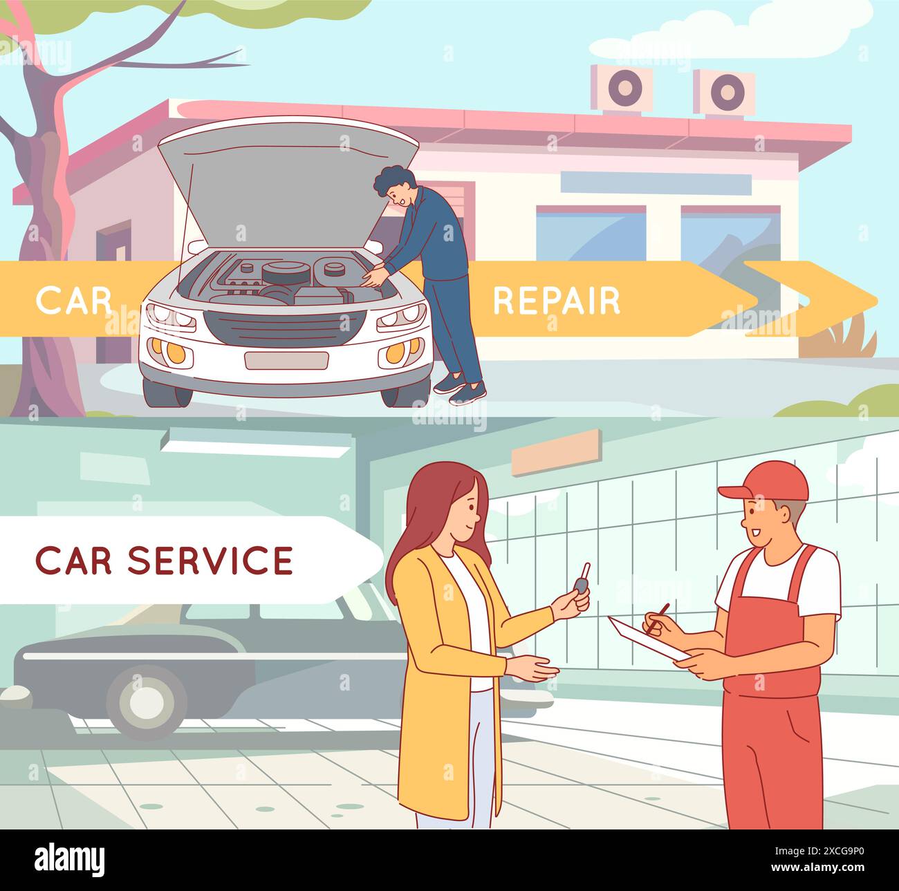 Service de réparation automobile. Le mécanicien inspecte le moteur, le client donne la clé de voiture au technicien, à l'entretien, au client de soutien dans l'atelier, aux travailleurs et au véhicule Illustration de Vecteur