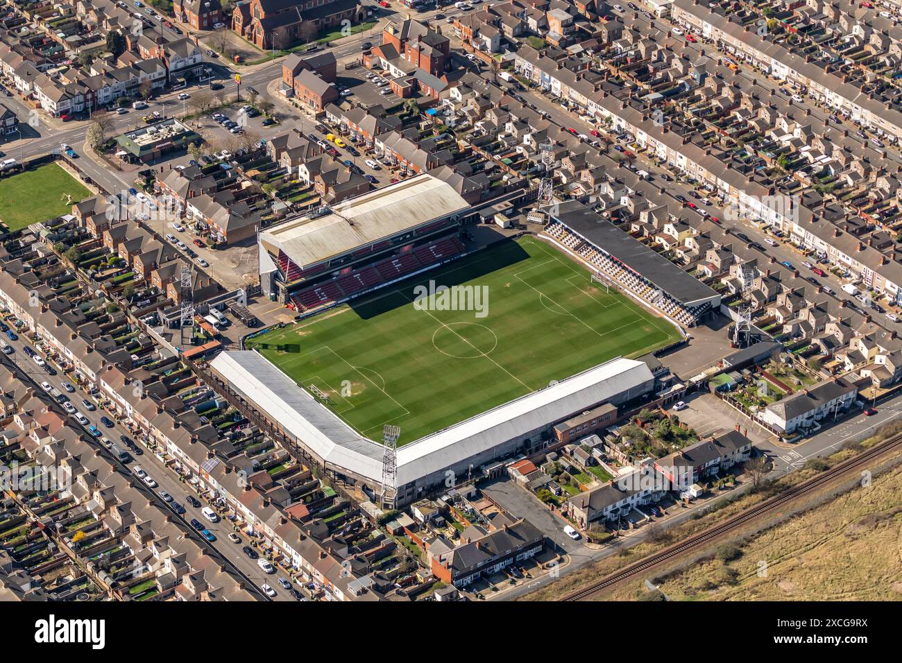 Photo aérienne du Grimsby Town Football Stadium Blundell Park à 1500 mètres Banque D'Images