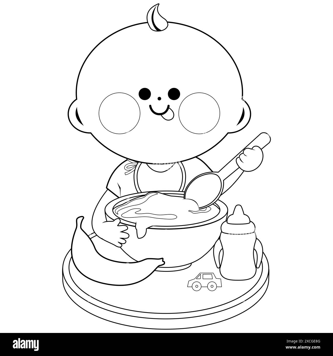 Bébé mangeant des céréales et des fruits. Mignon enfant en bas âge prenant le petit déjeuner. Coloriage noir et blanc Banque D'Images