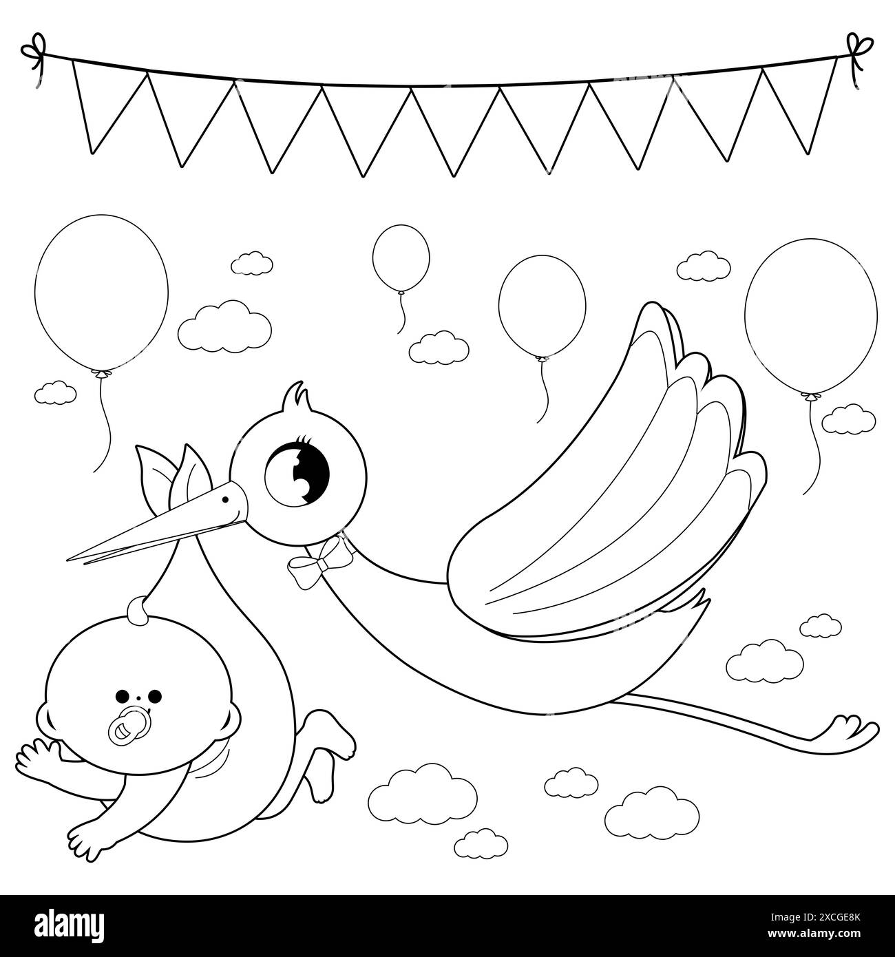 Stork accouchant un nouveau bébé. Annonce bébé. Cigogne blanche portant un bébé mignon. Accouchement d'un nouveau-né. Coloriage noir et blanc Banque D'Images