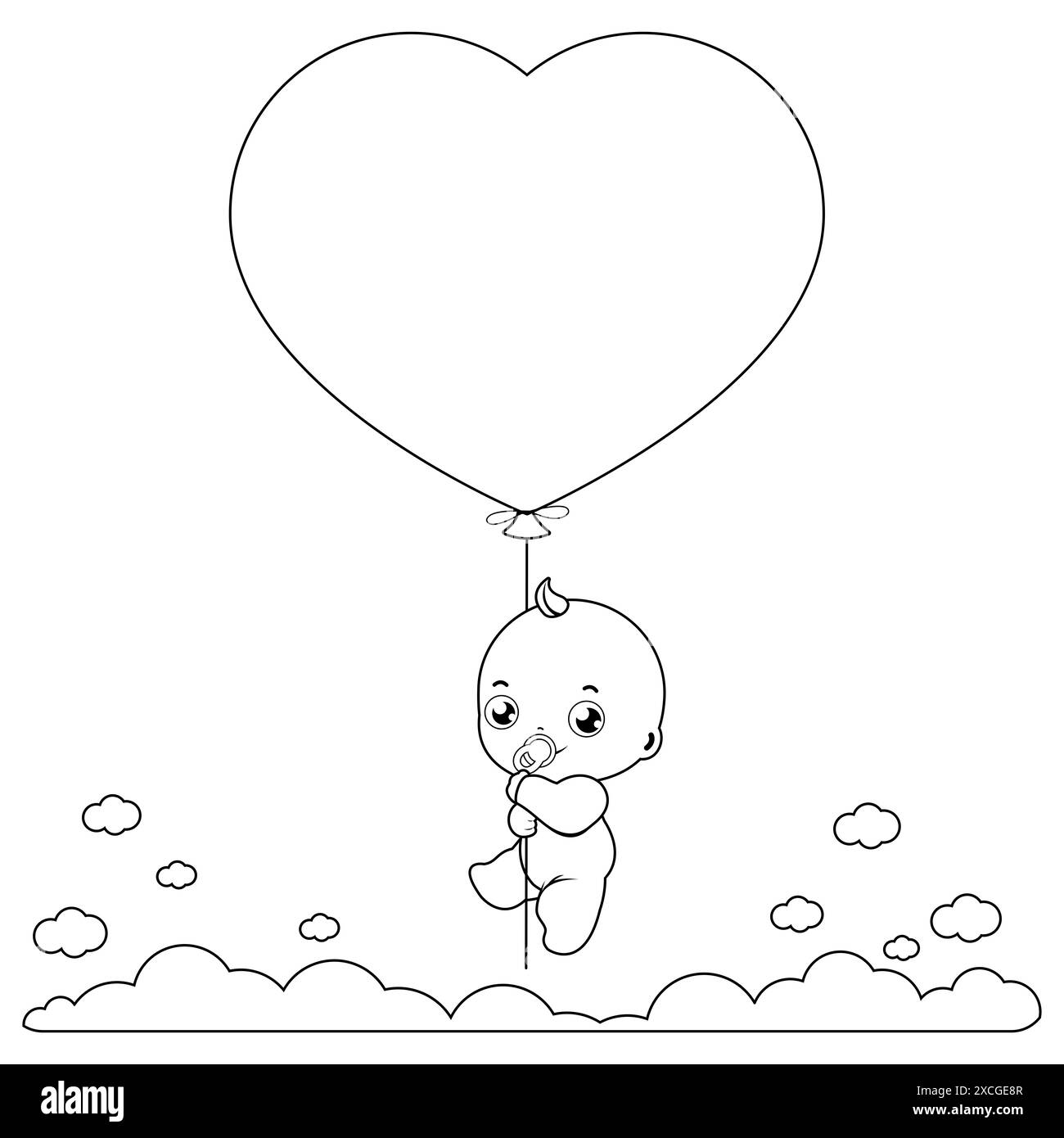 Bébé tenant un ballon. Fête de douche de bébé avec nouveau-né et ballon dans le ciel. Coloriage noir et blanc Banque D'Images