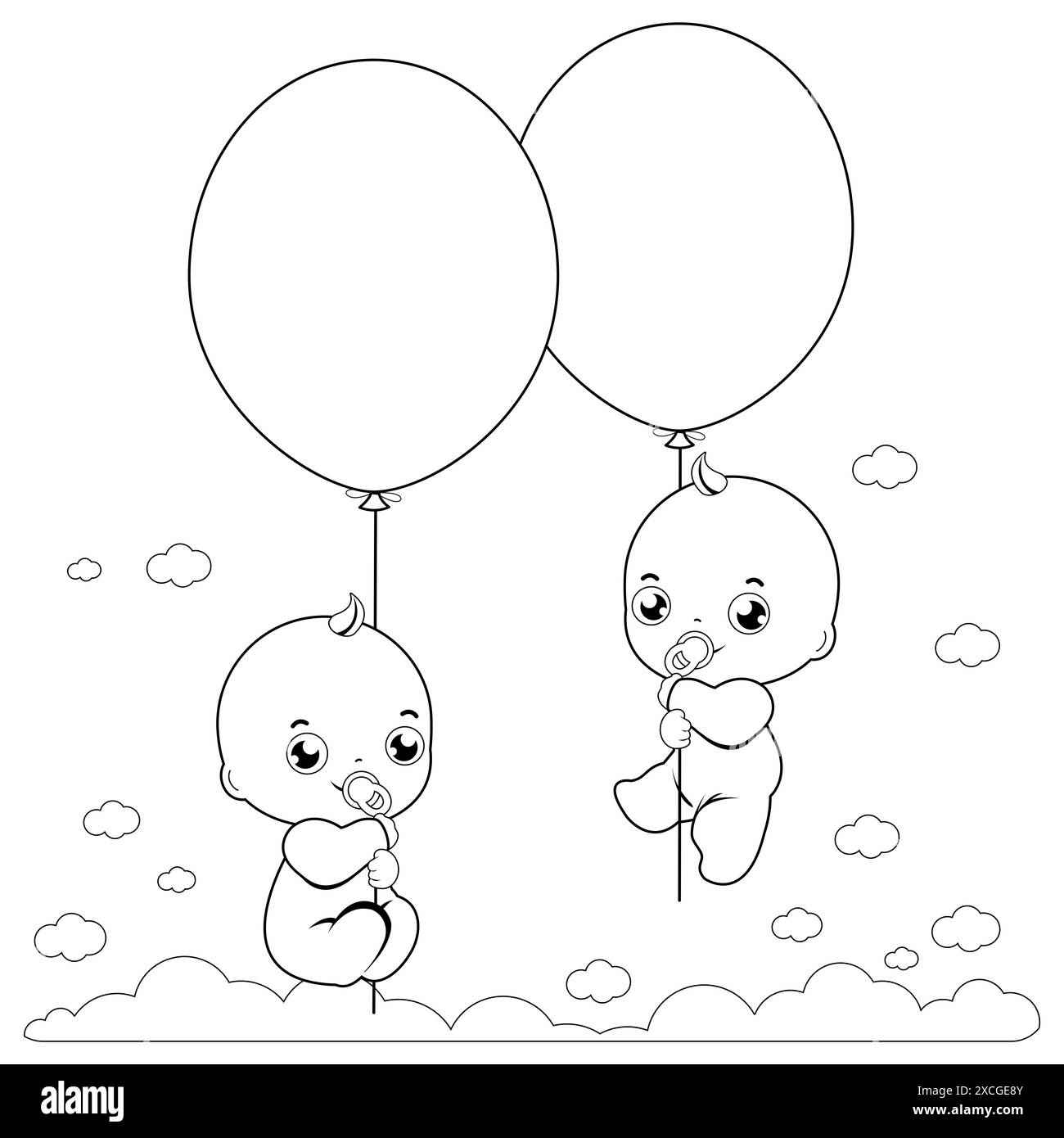 Bébés jumeaux dans le timide tenant des ballons. Fête de douche de bébé avec ballon dans le ciel. Coloriage noir et blanc Banque D'Images