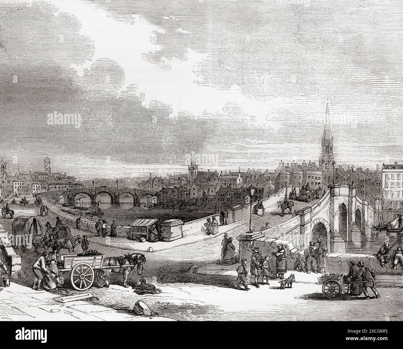 Une vue d'Ayr, en Écosse montrant le nouveau pont d'Ayr, au XIXe siècle. Extrait de Cassell's Illustrated History of England. Banque D'Images