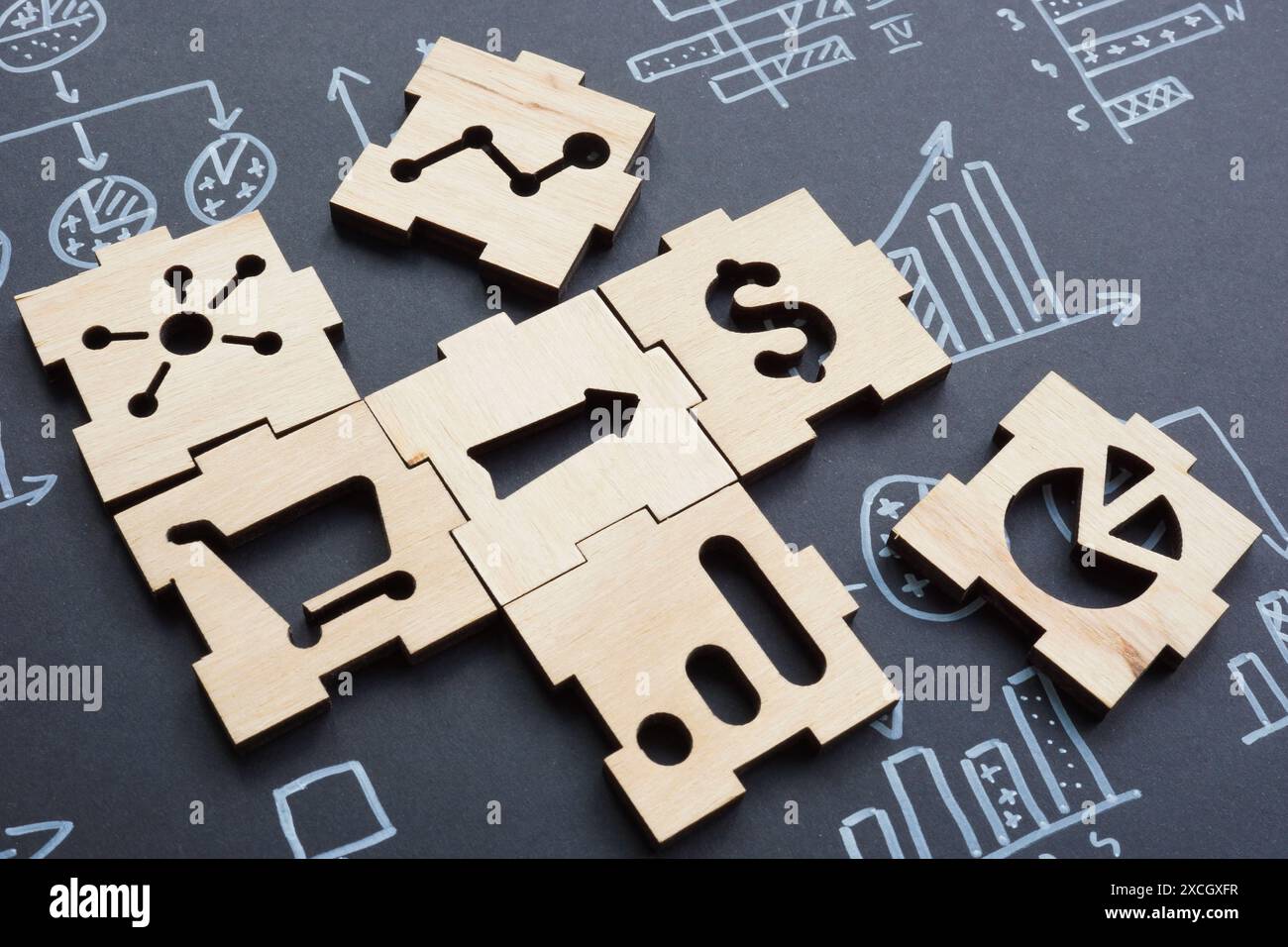 Puzzle avec stratégie commerciale ou éléments KPI. Banque D'Images
