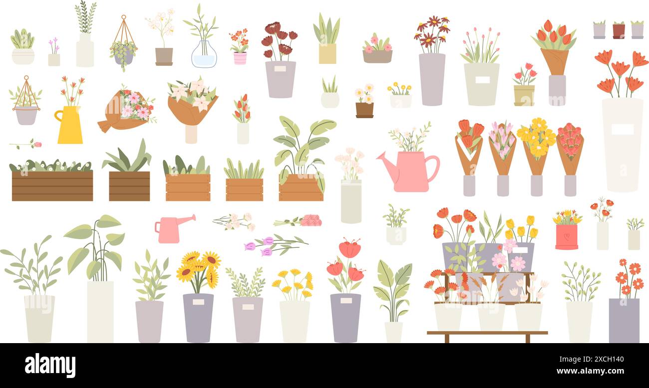 Fleurs de jardin grand ensemble. Plantes en pots, bouquets et fleurs en vases. Fleuriste magasin de marchandises, éléments floraux frais. Vecteur de fleur de jardinage de plantation Illustration de Vecteur