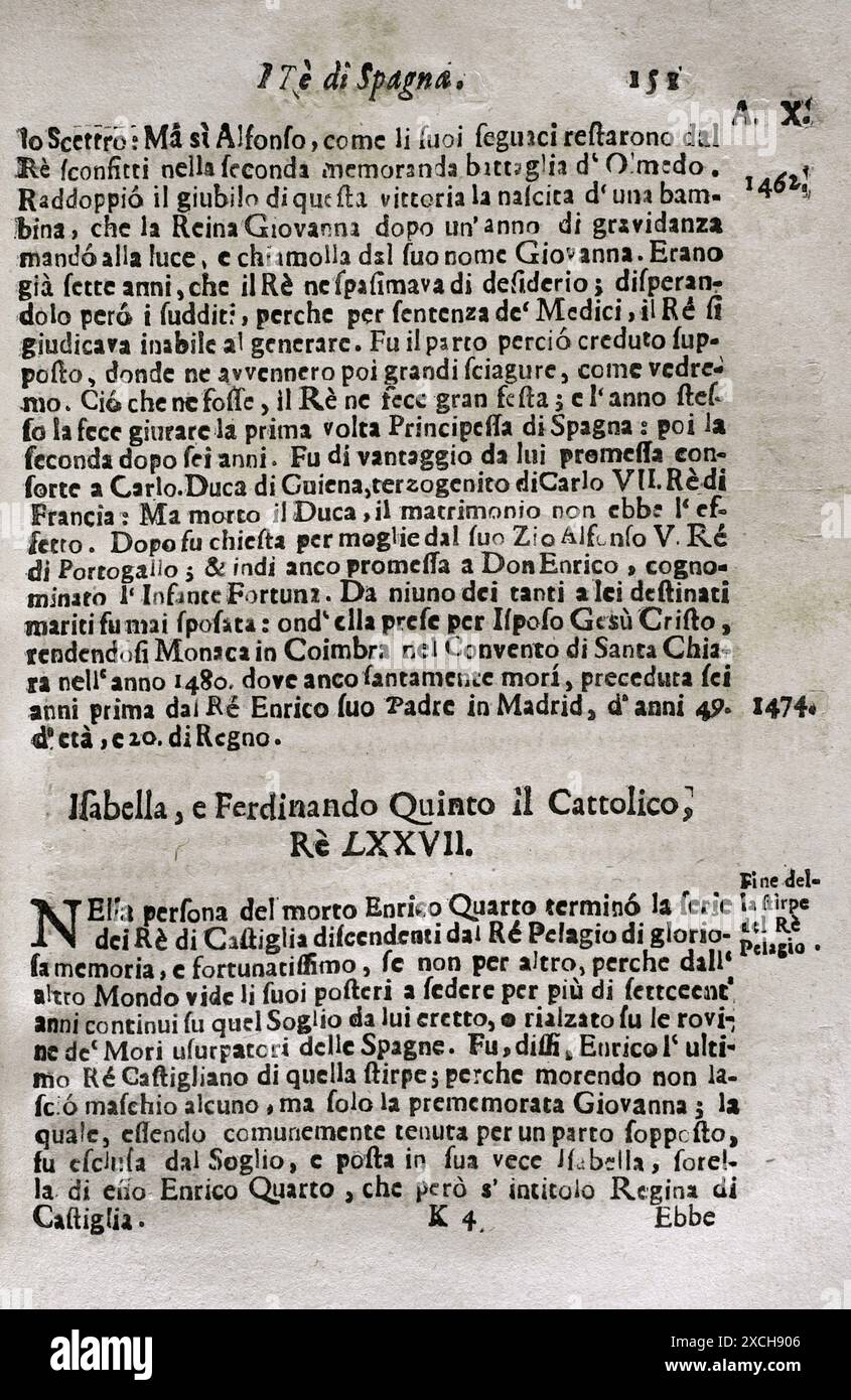 Mappamondo Istorico. Volume IV. deuxième partie. Royaumes issus du déclin et de la chute de l'Empire romain en Occident. De 420 AD à 1692 AD. Rois d'Espagne. Isabelle (1451-1504) et Ferdinand le Catholique (1452-1516). Par le Père Antonio Foresti (1625-1692), de la Compagnie de Jésus. Parme, 1710. Auteur : Antonio Foresti (1625-1692). Jésuite italien et historien. Banque D'Images