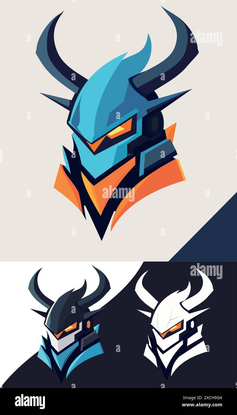 Casque avec cornes en bleu et blanc avec détails orange Illustration de Vecteur