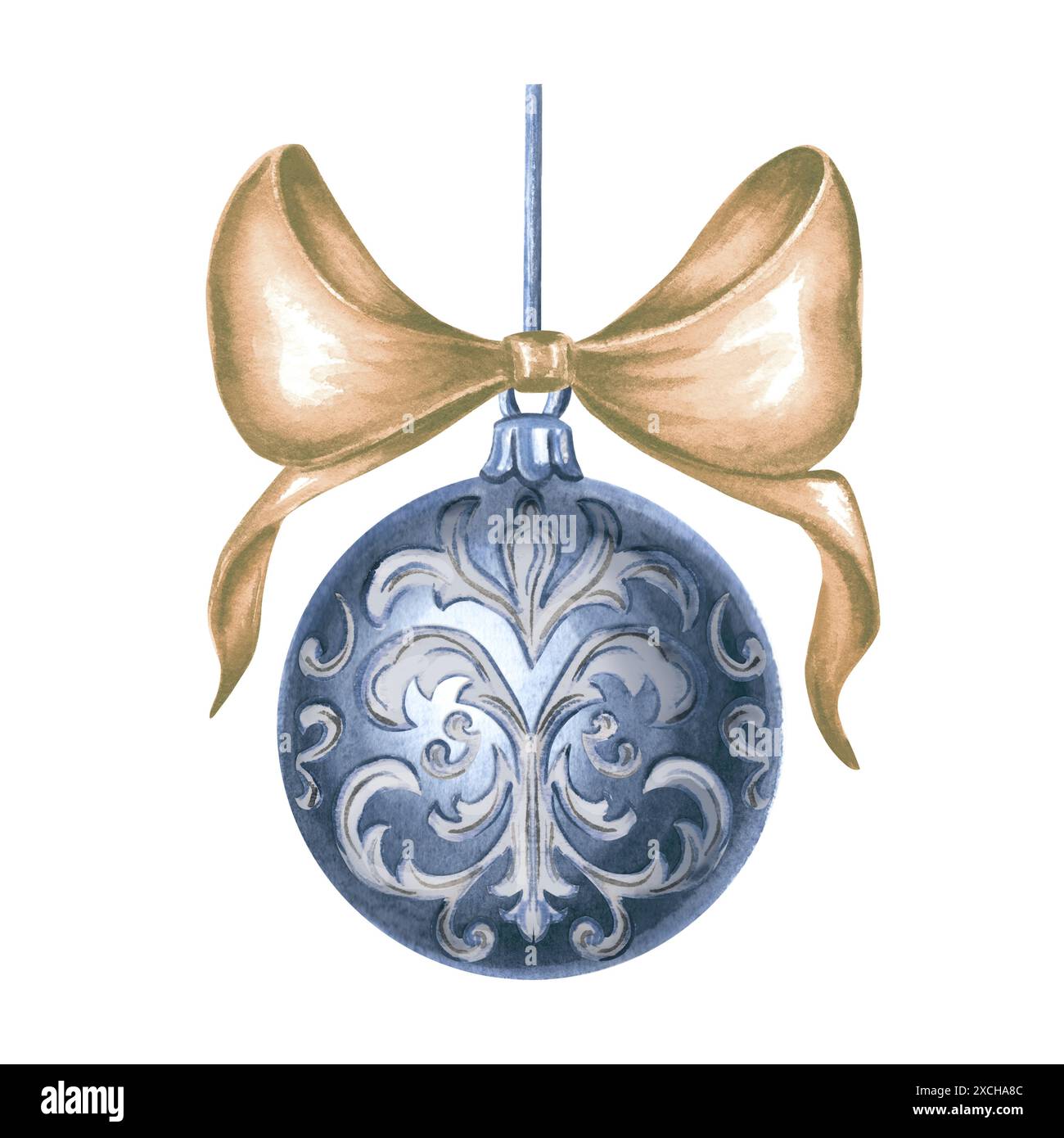 Boule d'arbre de Noël bleu avec noeud en soie dorée. Décoration de vacances d'illustration d'aquarelle dessinée à la main. Pendentif dessin, boucles d'oreilles en vintage. Isolé Banque D'Images