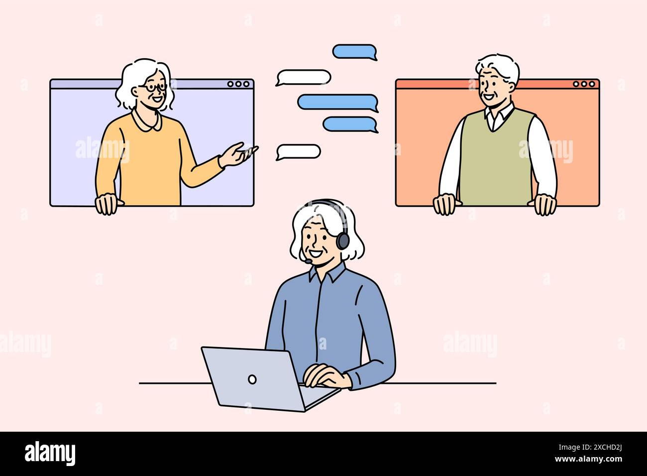 Les personnes âgées participent aux négociations en ligne par le biais de discussions virtuelles, en utilisant un ordinateur portable ou en regardant les fenêtres de l'ordinateur. Femme spécialiste de soutien en ligne répond aux clients par le biais de messages texte et audio Illustration de Vecteur