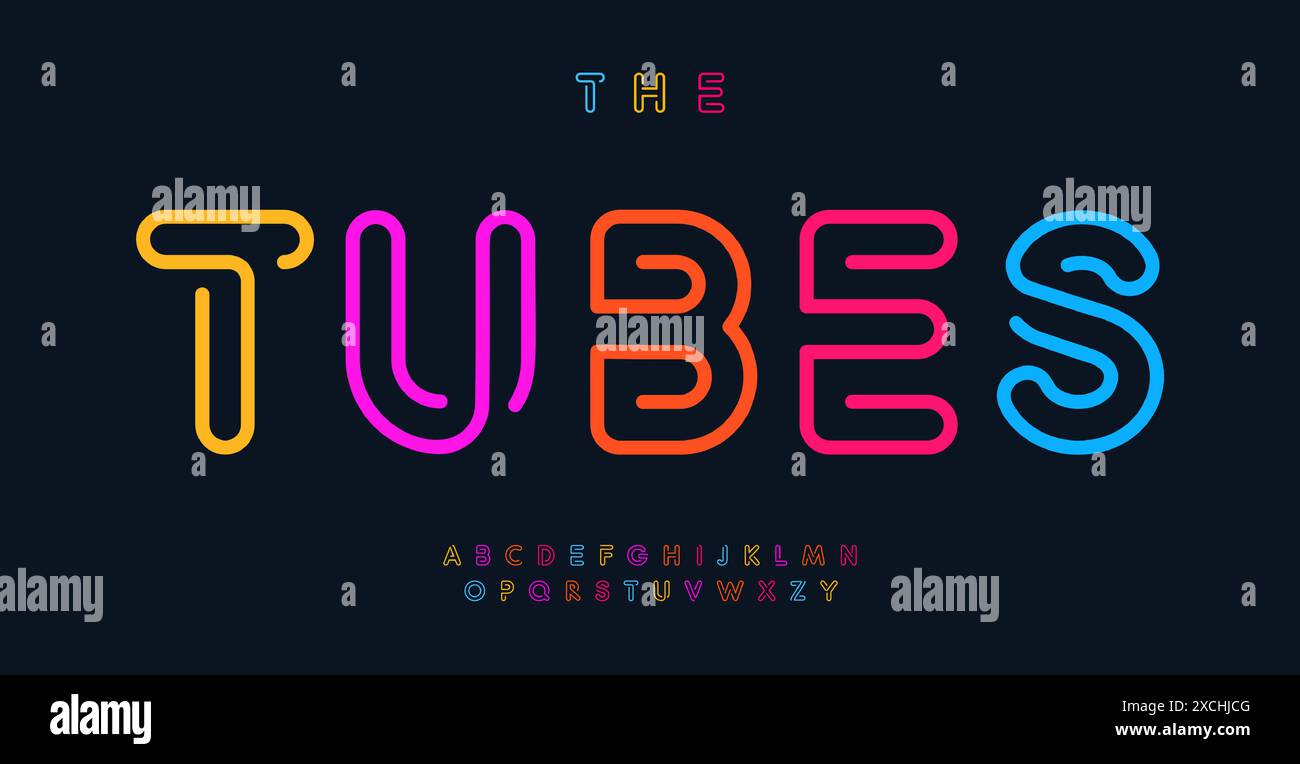 Police de boîte de nuit éclatante vibrante, lettres de casino lumineuses, police moderne pour logos de fête colorés, design typographique vif, contour linéaire minimal Illustration de Vecteur