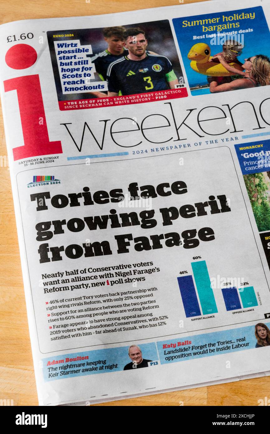 15-16 juin 2024. Dans le journal i Weekend, les conservateurs font face à un danger croissant de Farage. Banque D'Images