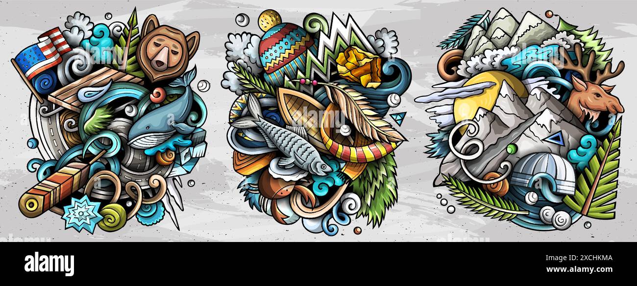 Alaska dessin animé vecteur doodle Designs Set Illustration de Vecteur