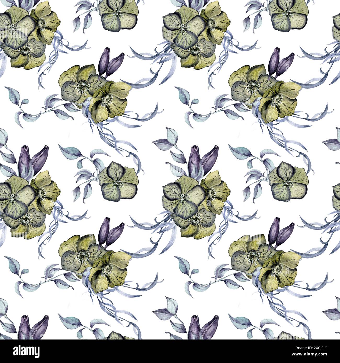 Aquarelle fleurs vert foncé et feuillage isolé sur blanc. Motif floral gothique sans couture dessiné. Emballage d'art botanique avec hellebore, feuilles Banque D'Images