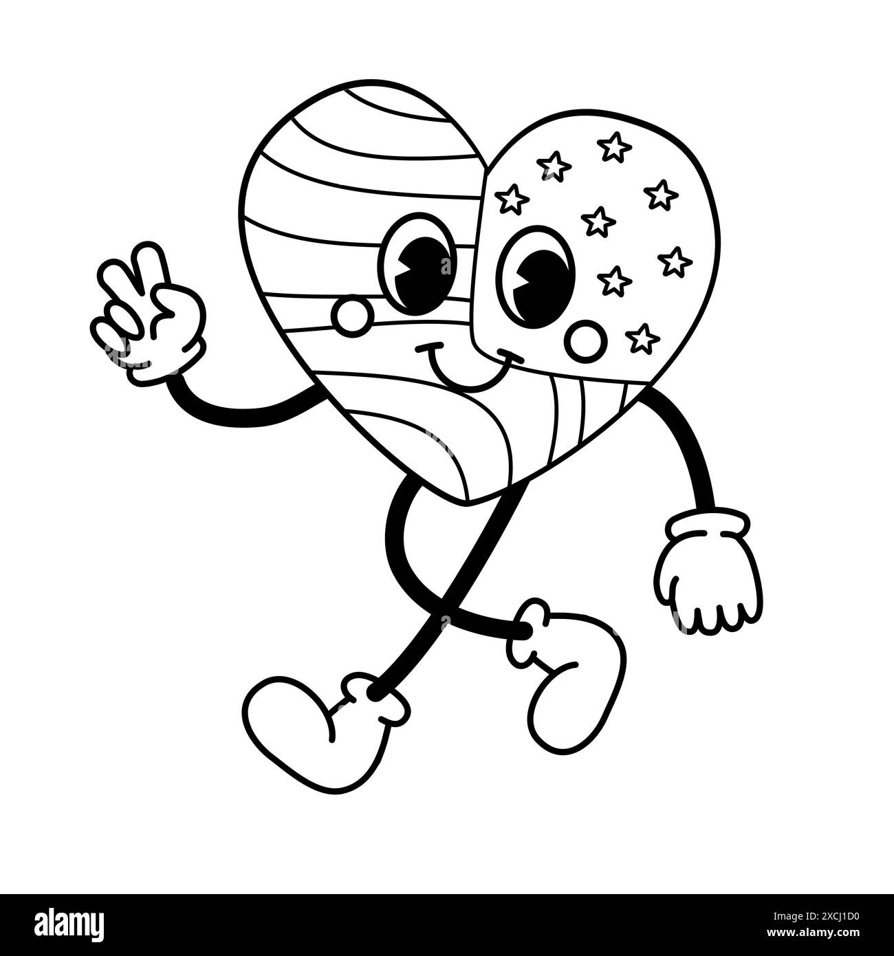 Vecteur rétro dessin animé groovy contour coeur avec drapeau USA isolé sur fond blanc Illustration de Vecteur