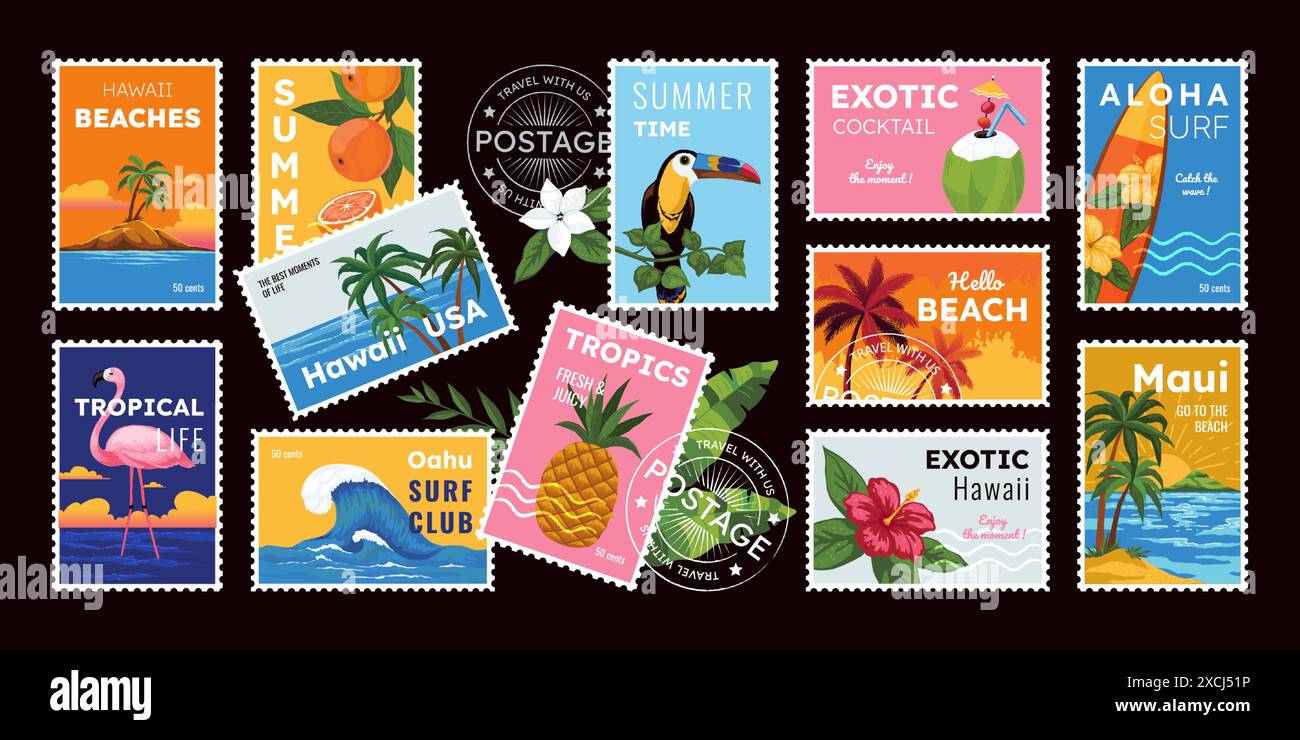 Timbres tropiques. TAD avec paysages de nature. Sites touristiques. Plage Sea Island. Palmiers. Fruits tropicaux et fleurs. Imprimé été. Sceau d'affranchissement. Composition d'autocollants postaux vectoriels Illustration de Vecteur