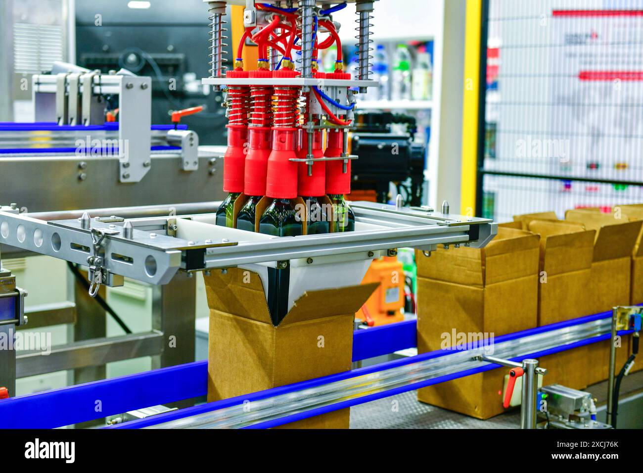 Un bras robotisé charge des bouteilles en verre dans des boîtes sur une machine industrielle automatisée sur une ligne de production. Banque D'Images