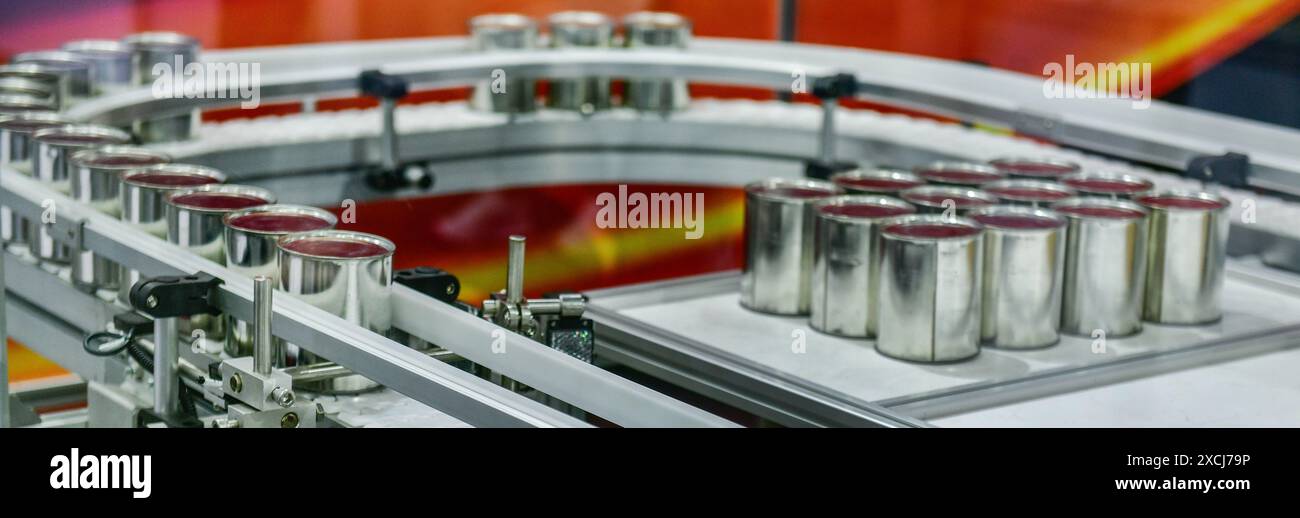 Produits alimentaires en conserve sur le tapis transporteur dans l'entrepôt de distribution. Concept du système de transport des colis Banque D'Images
