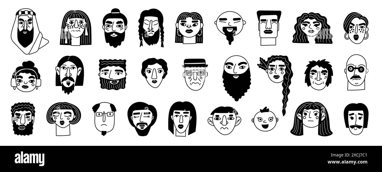 Faces d'esquisse. Doodle portraits d'homme et de femme. Coiffure des filles. Expression de l'émotion des gens. Heureux garçon. Homme avec barbe et moustache. Maquillage jeune femme. Dessin au stylo ou au crayon. Ensemble d'avatars faciaux vectoriels Illustration de Vecteur