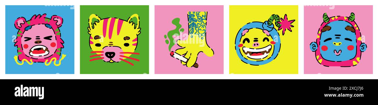 Personnages fous. Visages animaliers de dessins animés. Museau de tigre original. Art fantastique dessiné à la main de femme drôle et boom mignon. Impressions drôles. Bras tatoué avec cigarette. Autocollant bombe. Jeu de cartes comiques Vector Doodle Illustration de Vecteur