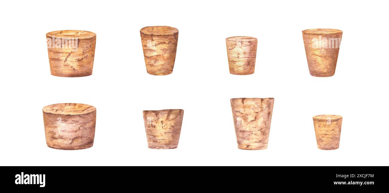 Ensemble de bouchons de bouteilles. 8 bouchons en bois rustiques vintage de différentes formes. Bouchons naturels en bois avec texture. Bouchons pour bouteilles de vin, spa, parfum, huile aromatique Banque D'Images