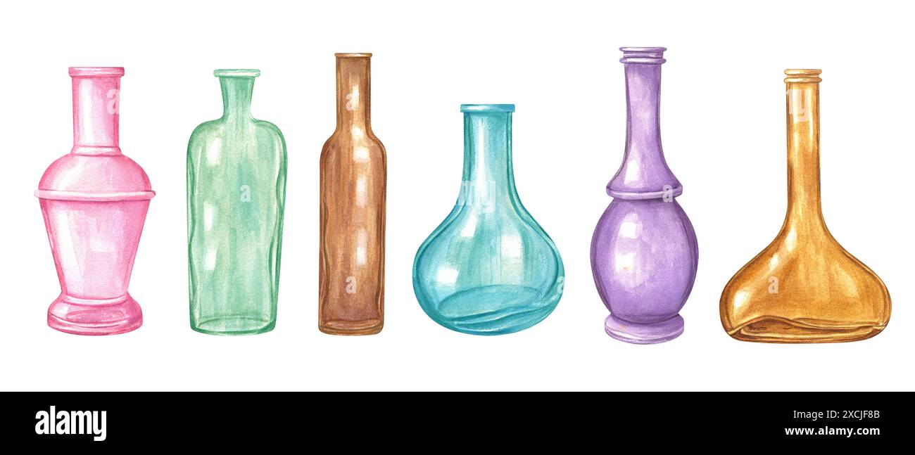 Variété de bouteilles en verre vides colorées dans différentes formes, tailles dans des tons pastel. Ensemble de verrerie créative. Pour les projets d'art, décoration intérieure Banque D'Images