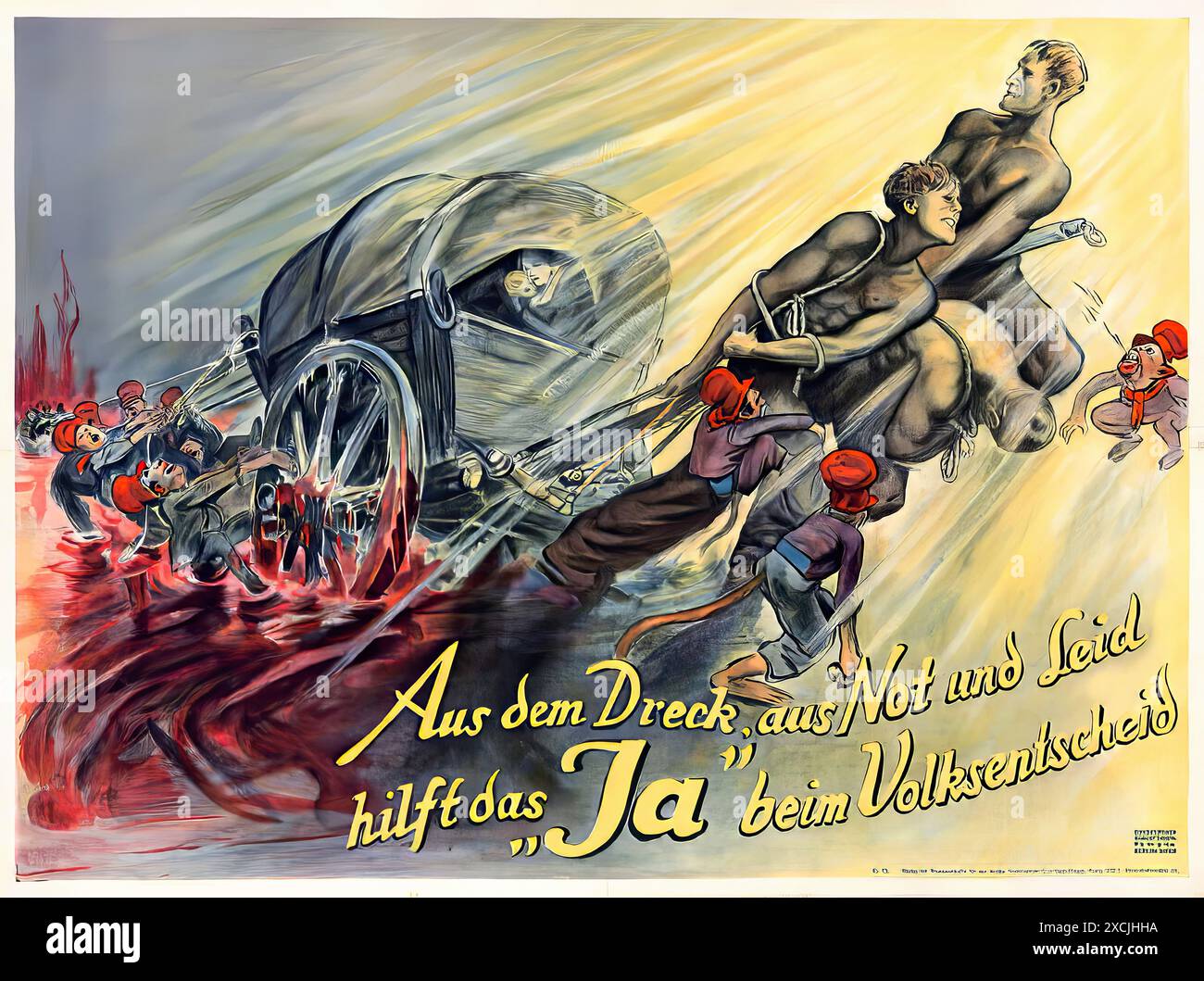 Auf dem Dreck, aus not und Seid hilft das Ja beim Volksentscheid, c. 1920s - affiche imprimée vintage Banque D'Images