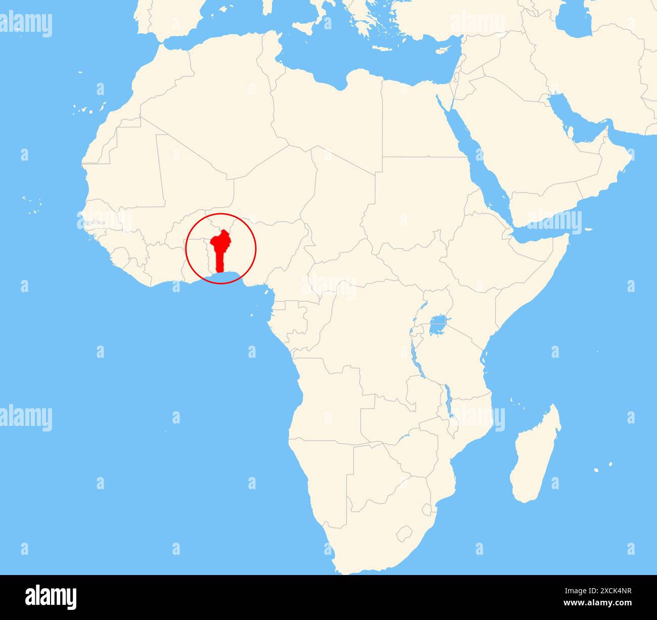 Localisateur carte montrant l'emplacement du pays Bénin en Afrique. Le pays est mis en évidence par un polygone rouge. Les petits pays sont également marqués d'un Banque D'Images