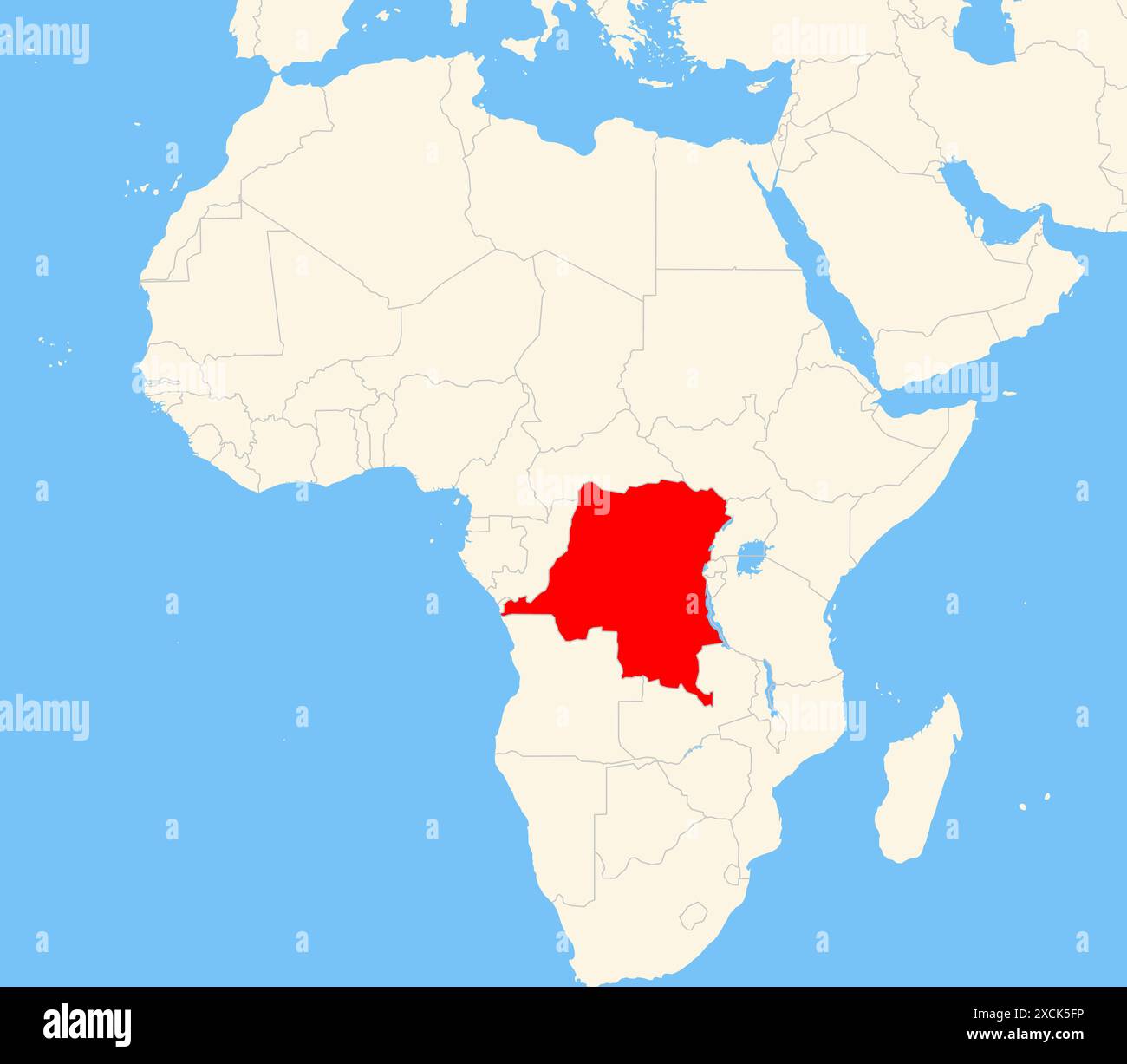 Localisateur carte montrant l'emplacement du pays République démocratique du Congo en Afrique. Le pays est mis en évidence par un polygone rouge. Petit nombre Banque D'Images