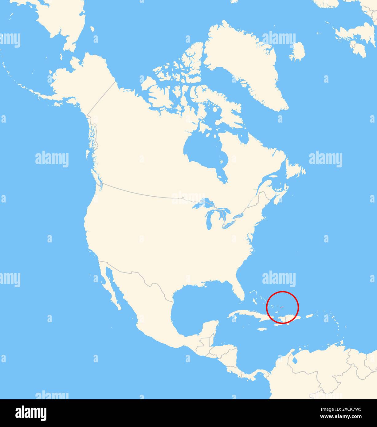 Carte de localisation montrant l'emplacement du pays îles Turques et Caïques en Amérique du Nord. Le pays est mis en évidence par un polygone rouge. Petit compteur Banque D'Images