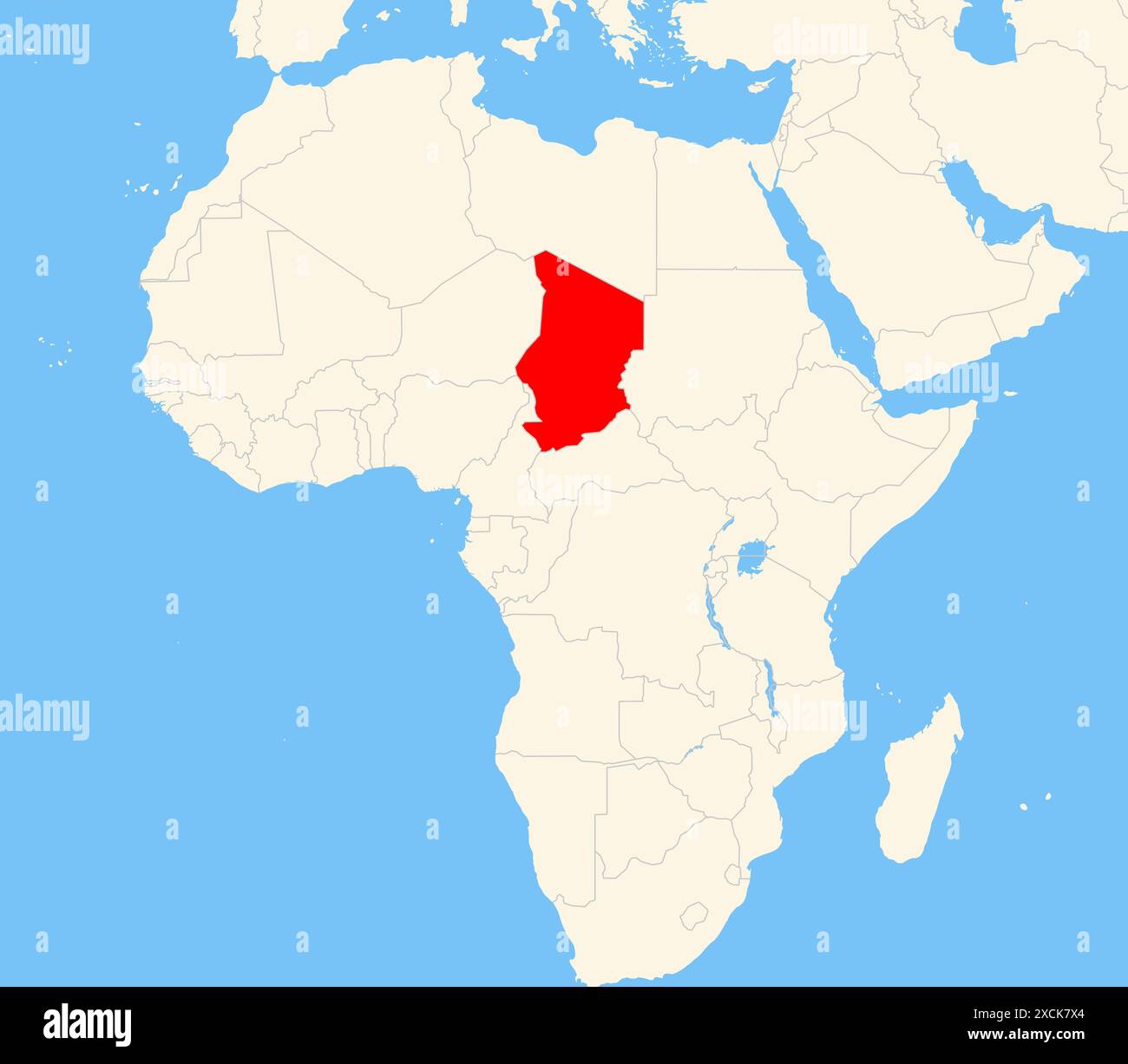 Localisateur carte montrant l'emplacement du pays Tchad en Afrique. Le pays est mis en évidence par un polygone rouge. Les petits pays sont également marqués d'un Banque D'Images