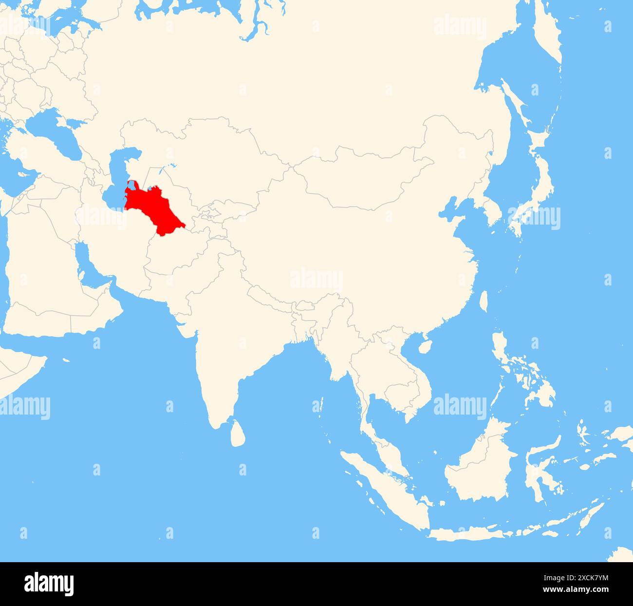 Carte de localisation montrant l'emplacement du pays Turkménistan en Asie. Le pays est mis en évidence par un polygone rouge. Les petits pays sont également marqués w Banque D'Images