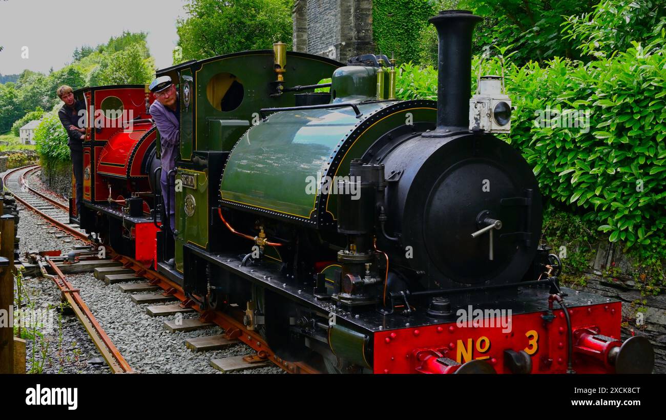 Train à vapeur Corris avec moteur No3 Sir Haydn et Red Falcon à l'approche de la gare de Corris dans la vallée de Dulas, pays de Galles, Royaume-Uni Banque D'Images