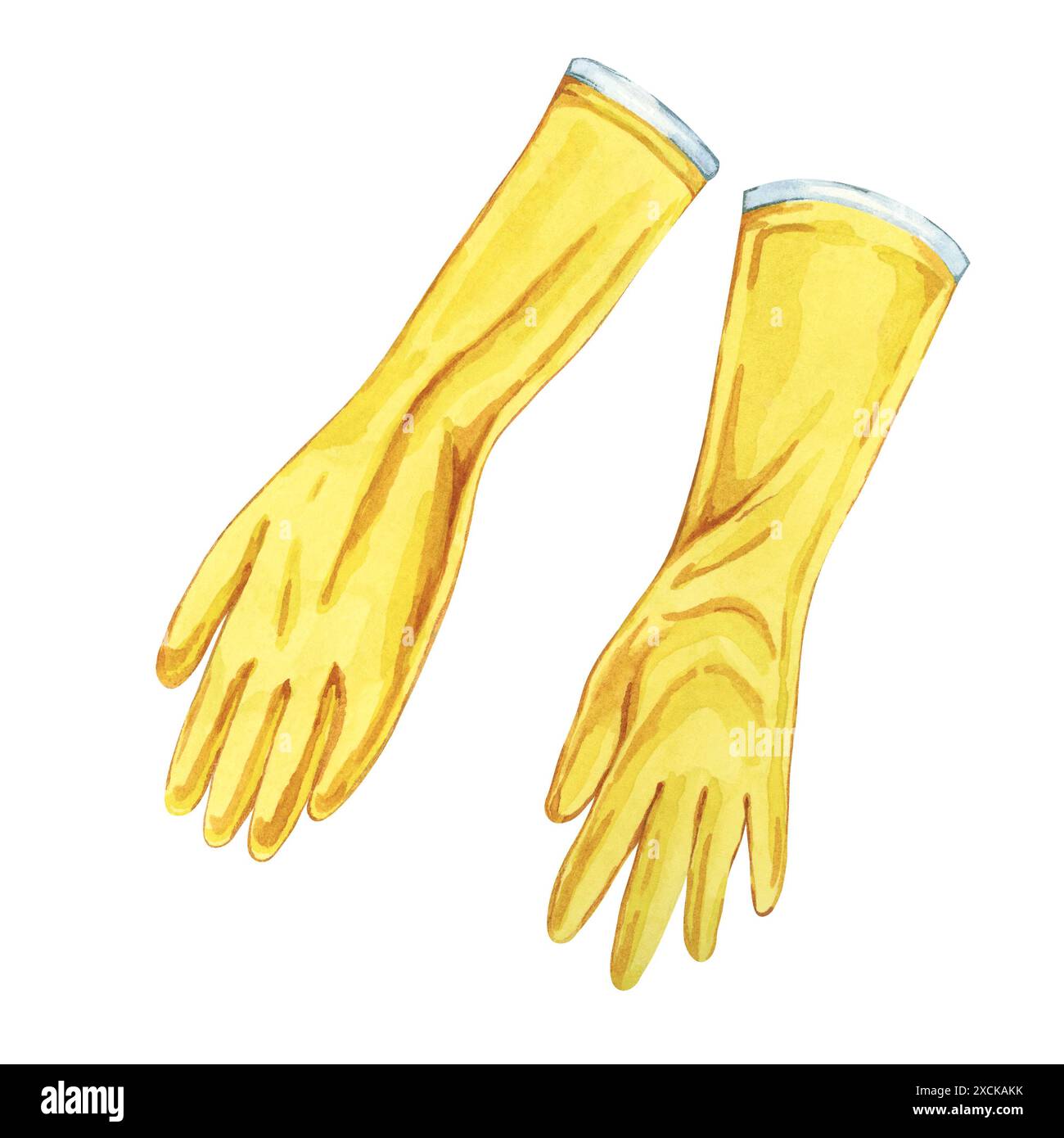 Gants en caoutchouc épais jaunes pour les tâches de nettoyage. Illustration aquarelle de l'usure de protection de la main. Clipart pour les activités de nettoyage ménager, les services de conciergerie, les circulaires, le nettoyage de printemps et les affiches Banque D'Images