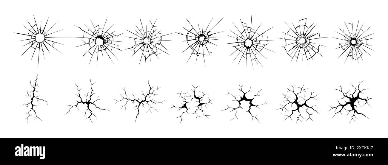 Fissures au sol, ruptures à la surface du sol. Texture Set trou de balle dans le verre. Verre brisé. Vitre fissurée Illustration de Vecteur