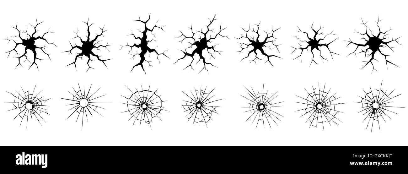 Fissures au sol, ruptures à la surface du sol. Texture Set trou de balle dans le verre. Verre brisé. Vitre fissurée Illustration de Vecteur