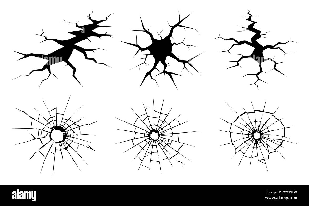 Fissures au sol, ruptures à la surface du sol. Texture Set trou de balle dans le verre. Verre brisé. Vitre fissurée Illustration de Vecteur