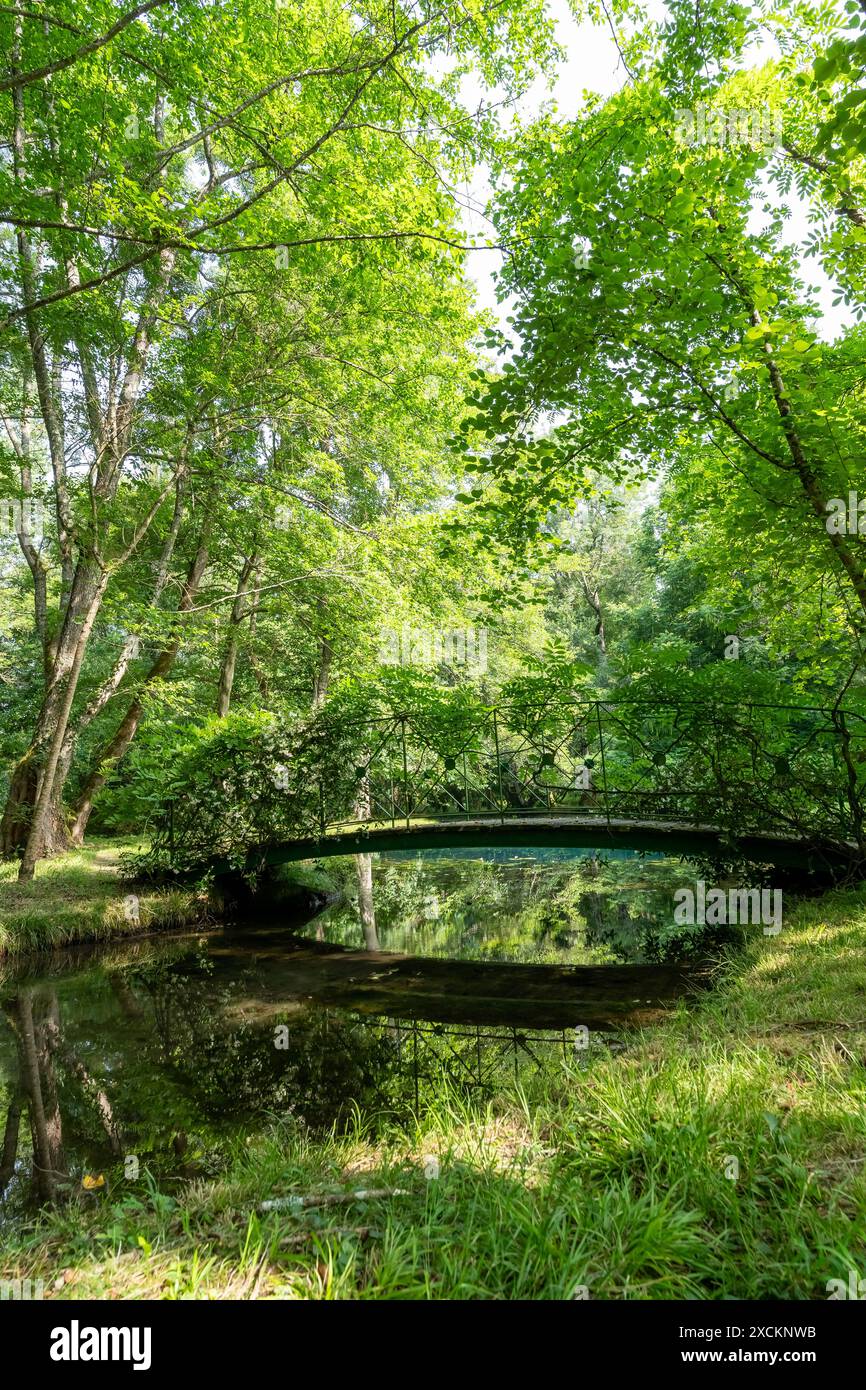 Pont et fontaines bleues au Château de Beaulon - Saint Dizant du Gua ; Charente maritime, France Banque D'Images